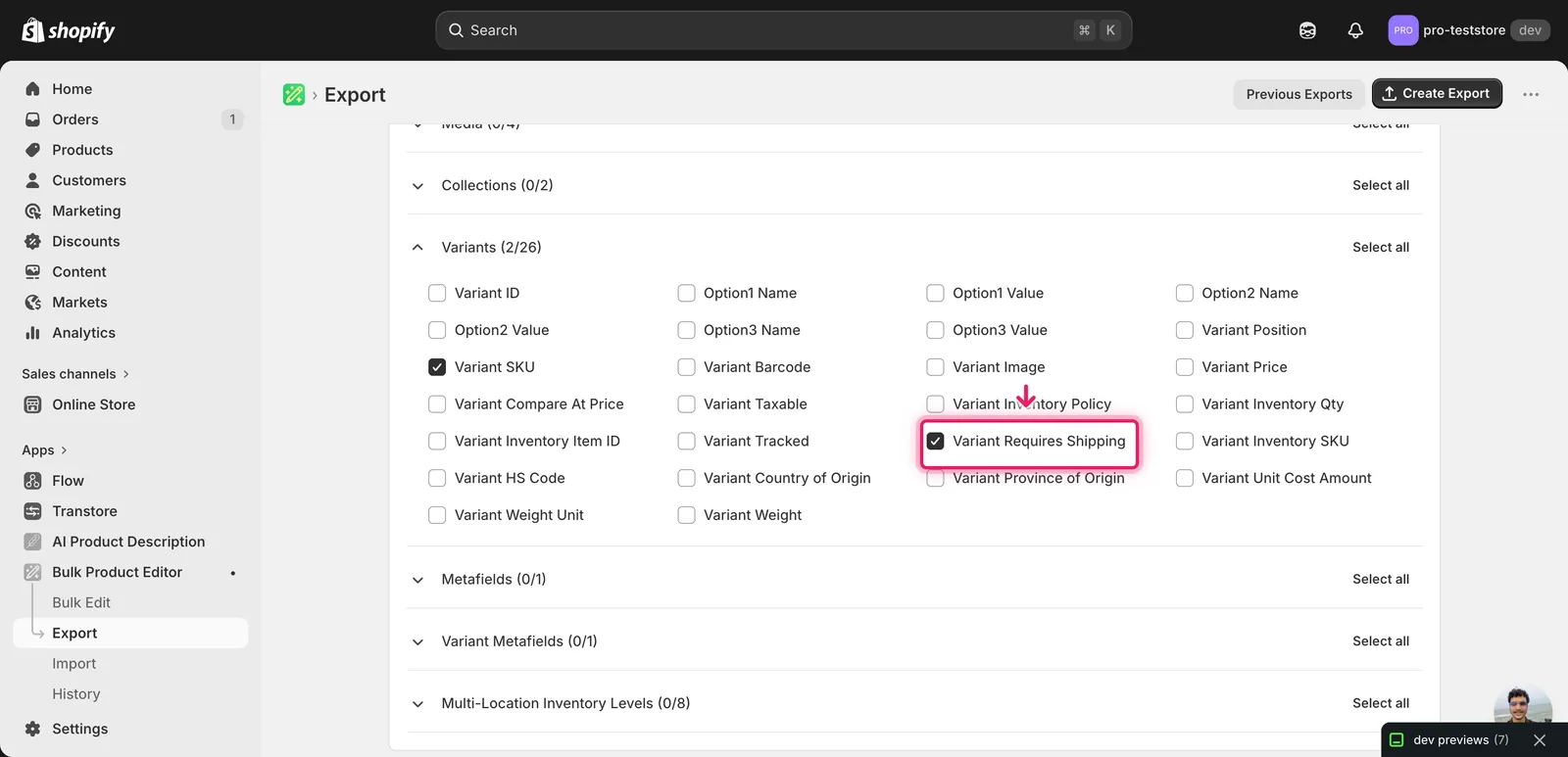 EditEngine Bulk Product Editor export page showing the column selector for bulk toggle Shopify requires-shipping per variant