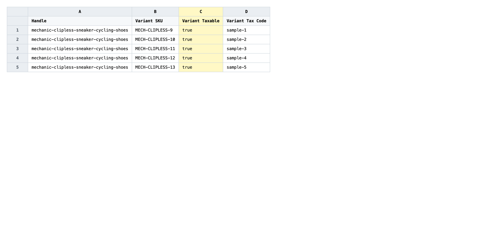 Older exported spreadsheet containing separate Variant Taxable and Variant Tax Code columns