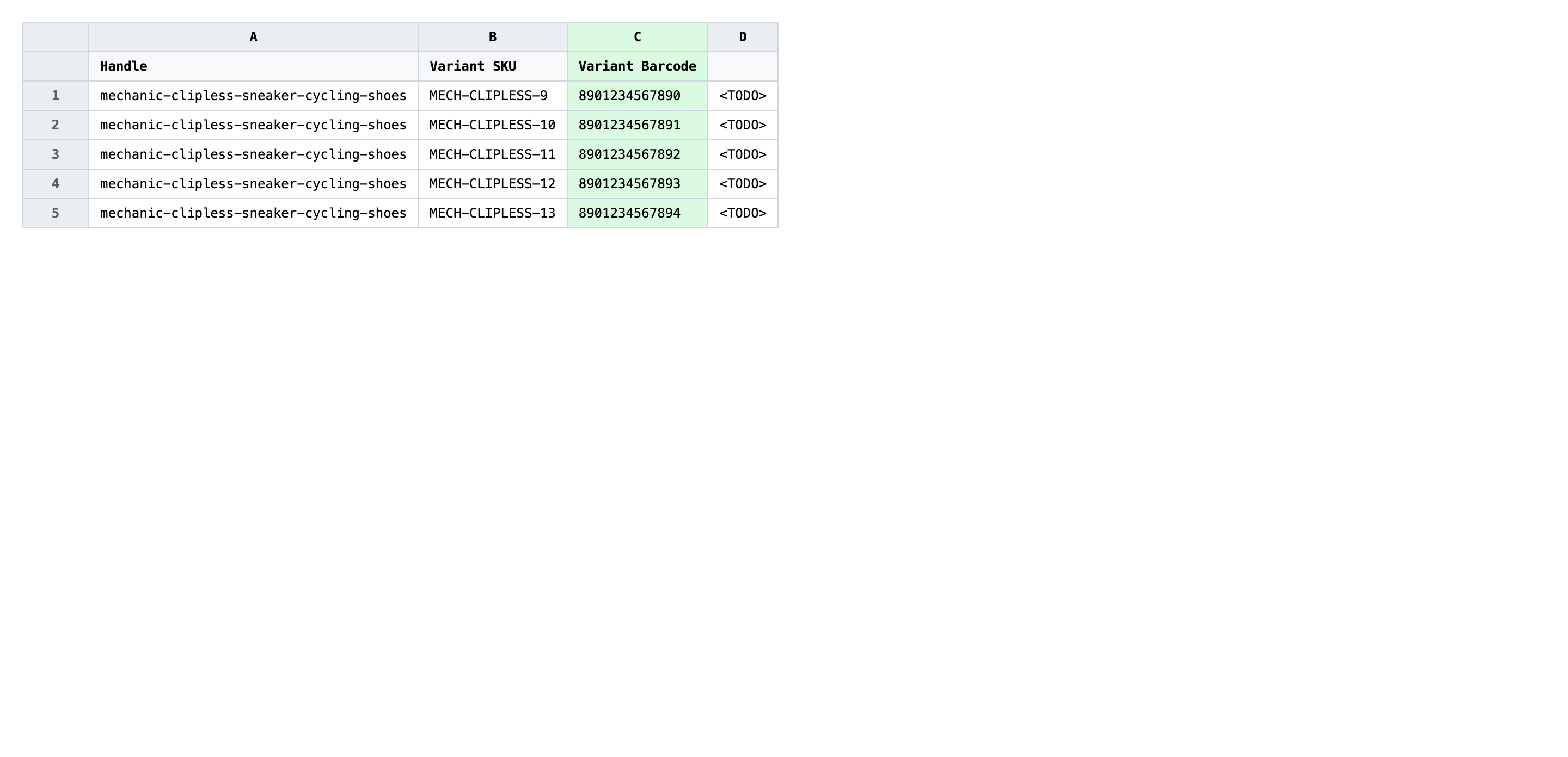Edited spreadsheet with the new Variant Barcode value written identically across every row that shares the Variant SKU