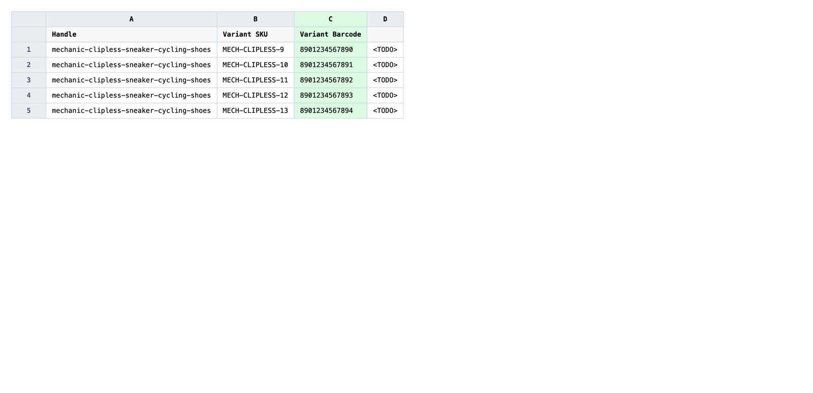 Edited spreadsheet with the new Variant Barcode value written identically across every row that shares the Variant SKU