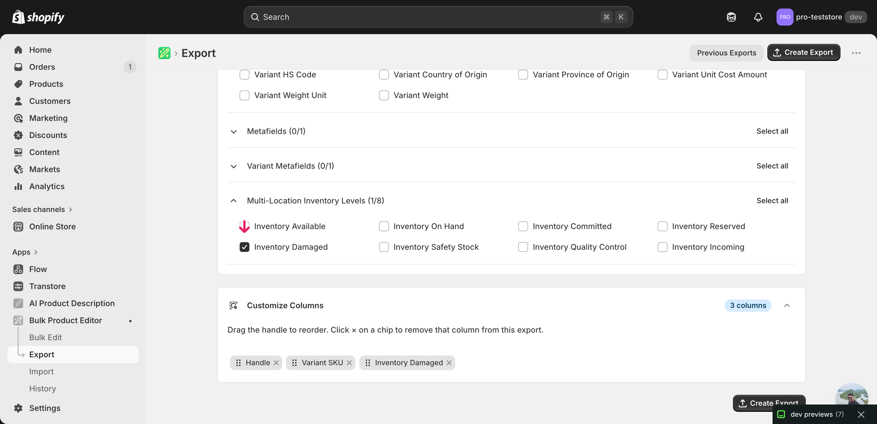 EditEngine export page showing the column selector for bulk update Shopify damaged inventory per location