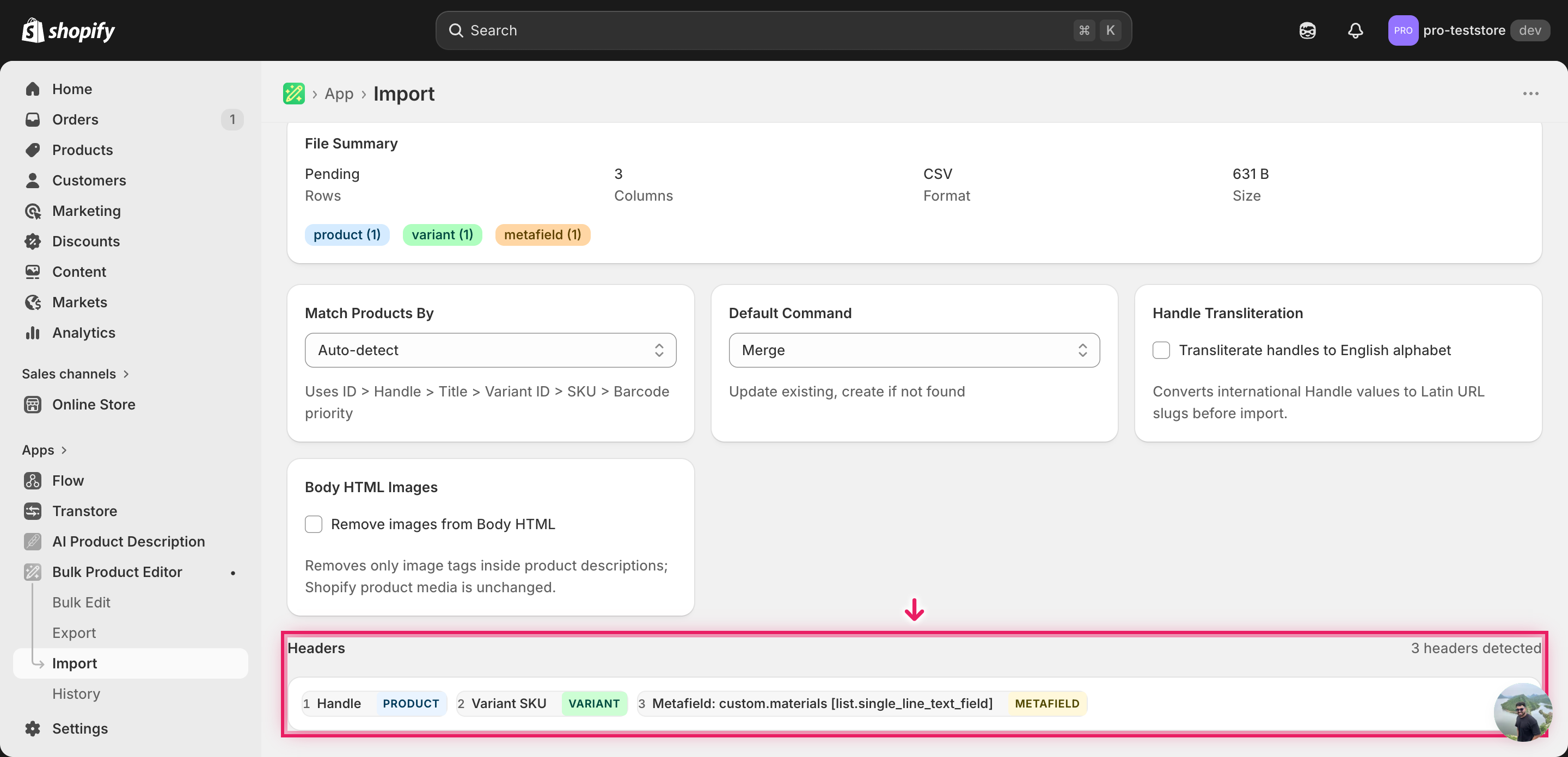 Import mapping screen showing each `list.*` metafield column detected with the METAFIELD badge