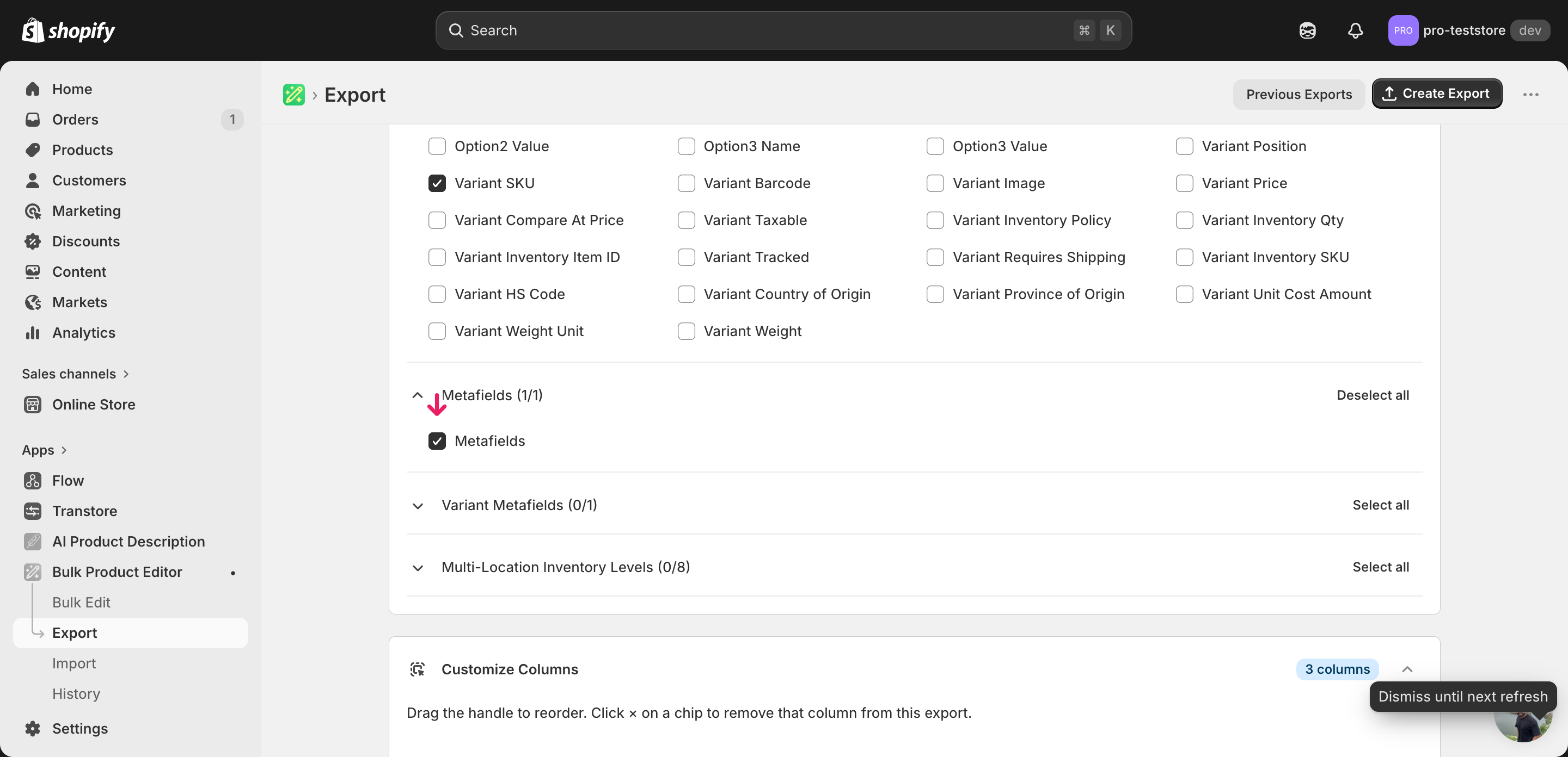 EditEngine export page showing the column selector for bulk update Shopify `list.*` metafields