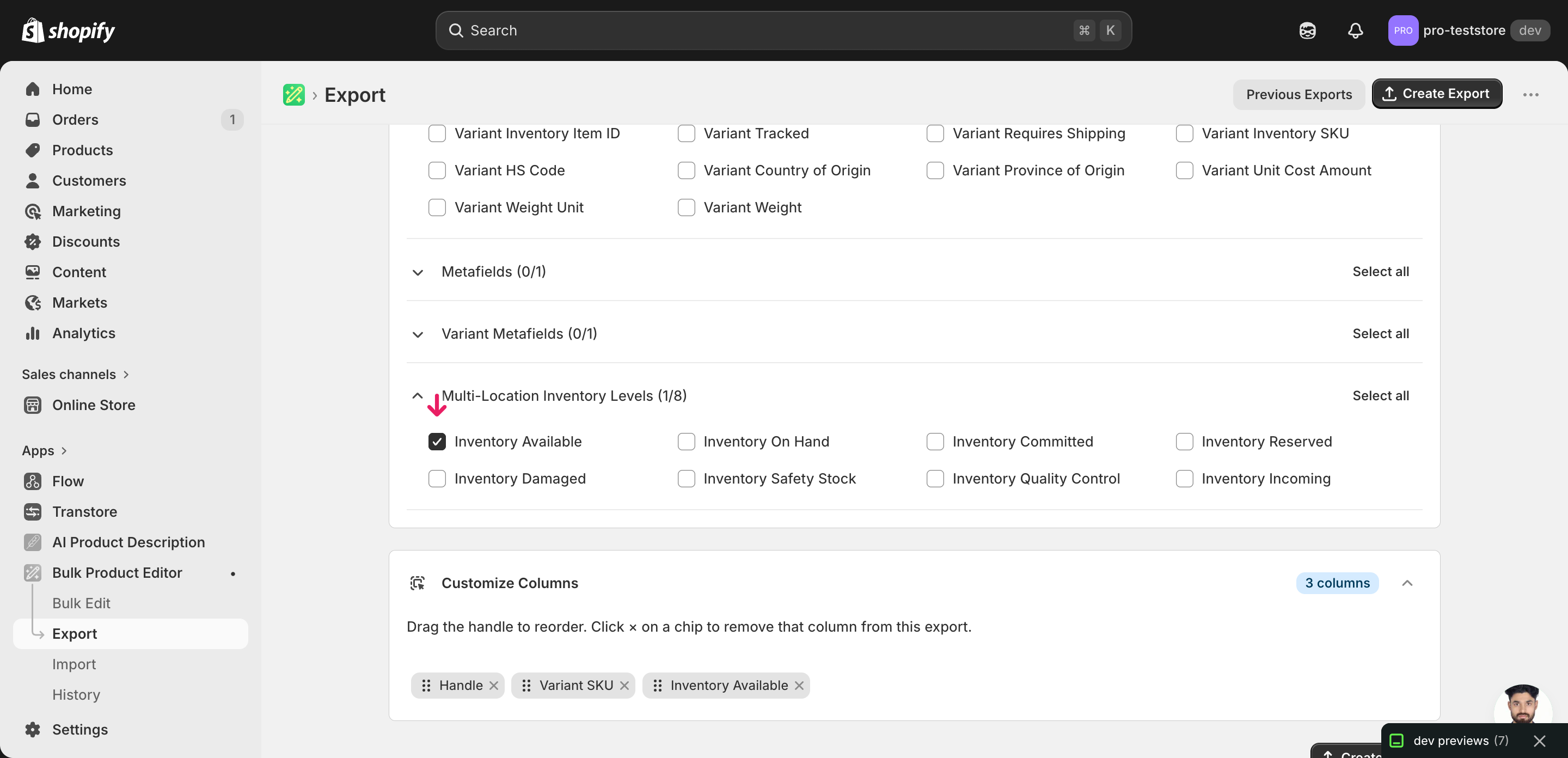 EditEngine export page showing the column selector for bulk update Shopify on-hand stock per location