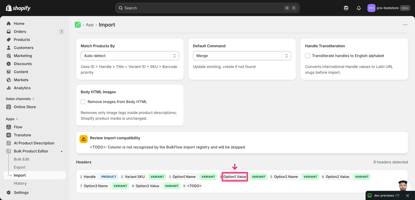 Import mapping screen showing Option1 Value, Option2 Value, and Option3 Value detected as VARIANT columns