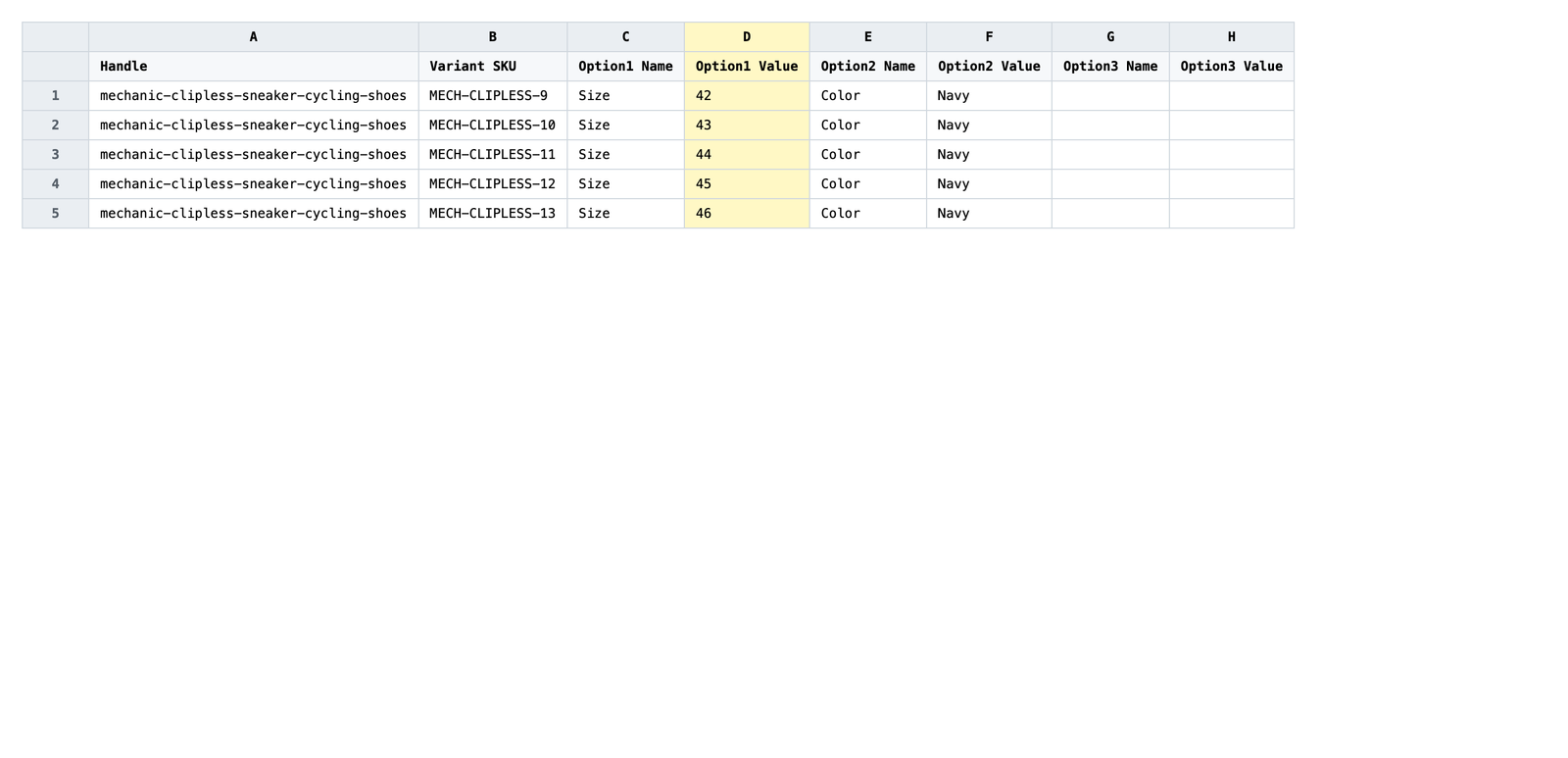 Exported spreadsheet with one row per variant and the Option1 Value, Option2 Value, and Option3 Value columns highlighted