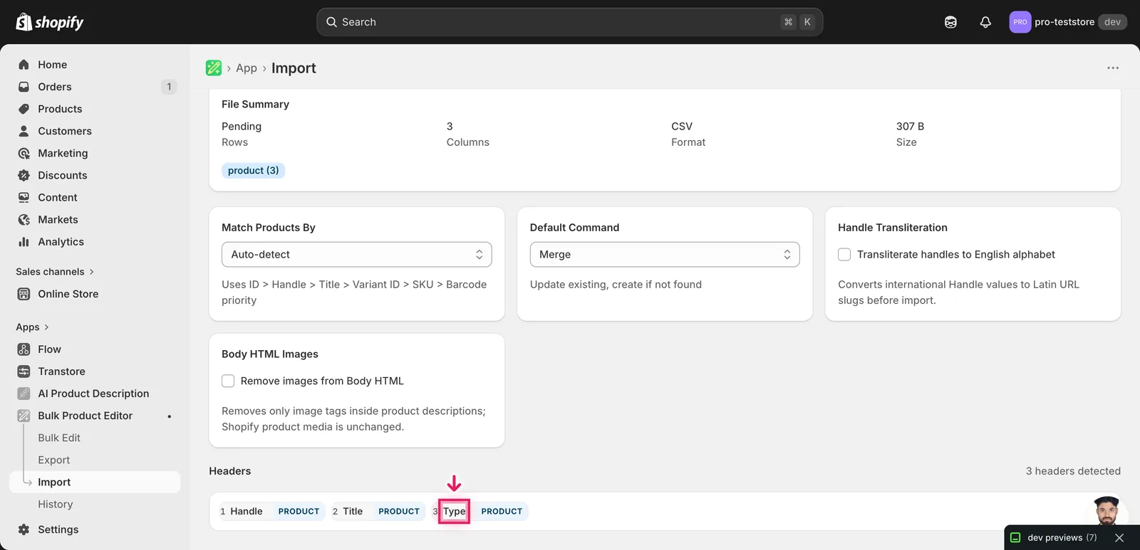Import mapping screen showing Type detected as a product column and Handle marked as the matching key