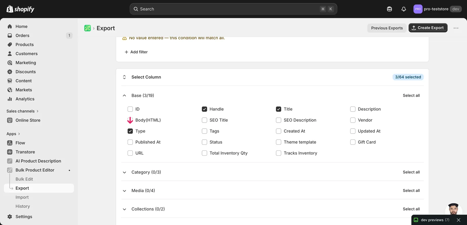 EditEngine export page showing the column selector for bulk update Shopify product type per product