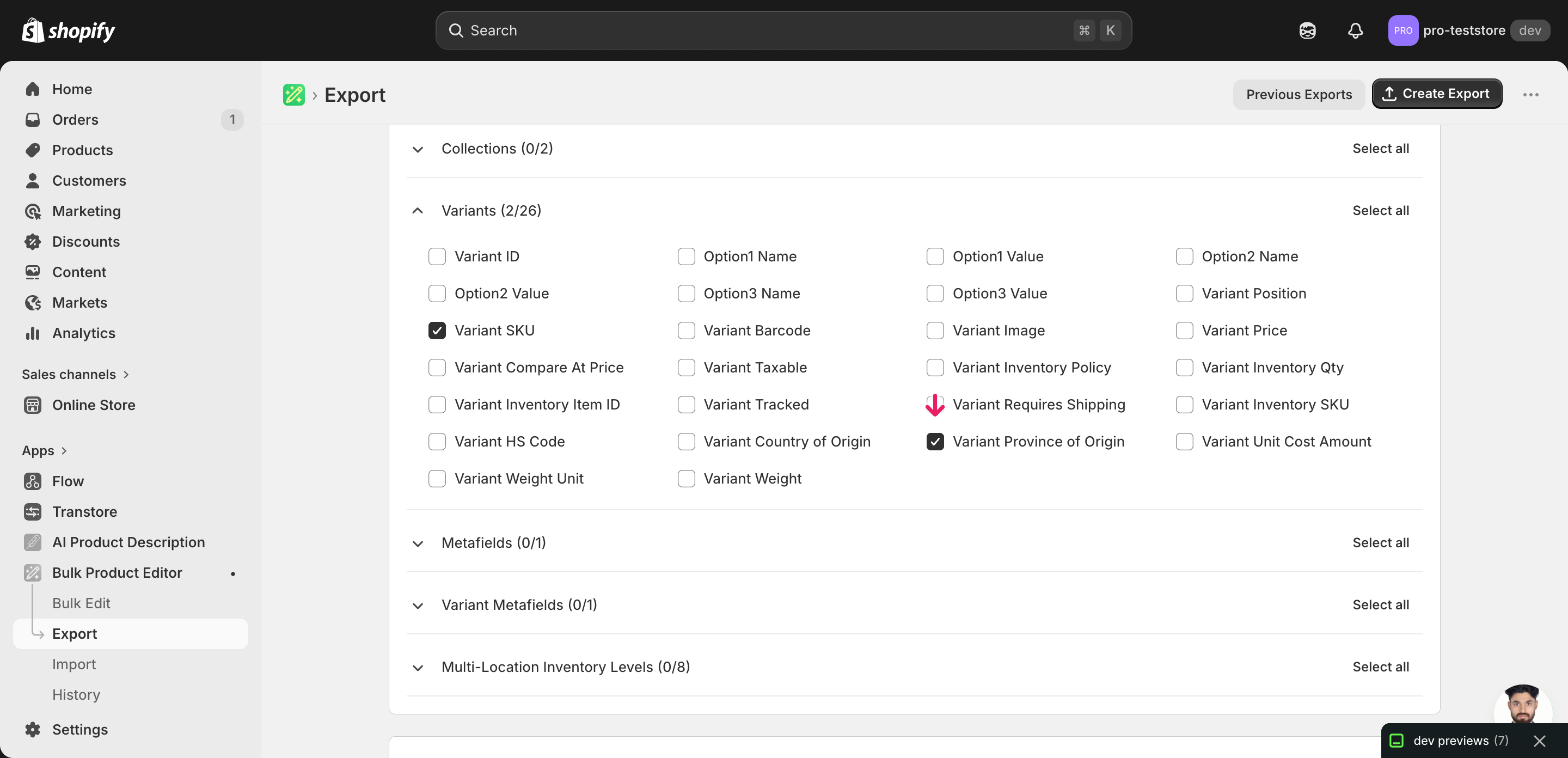 EditEngine export page showing the column selector for bulk update Shopify province of origin per variant