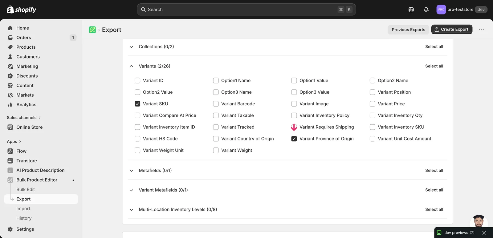 EditEngine export page showing the column selector for bulk update Shopify province of origin per variant