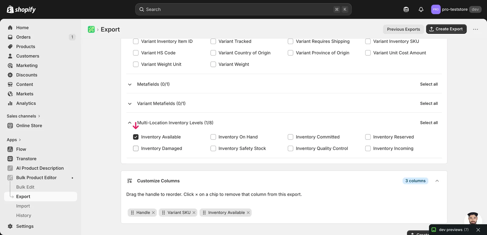 EditEngine export page showing the column selector for bulk update Shopify quality-control inventory per location