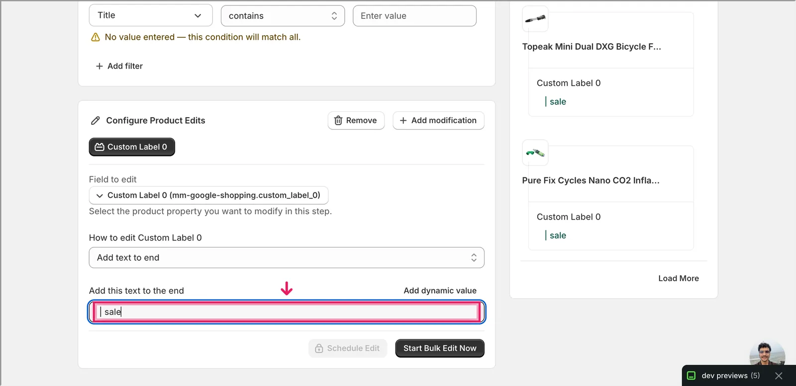 Add text to end mode with " | sale" entered; preview shows the suffix appended to each product's Custom Label 0