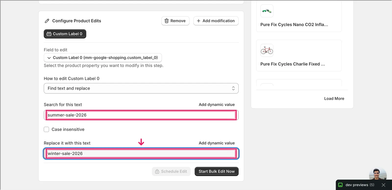 Find text and replace mode with "summer-sale-2026" in the search field and "winter-sale-2026" in the replace field
