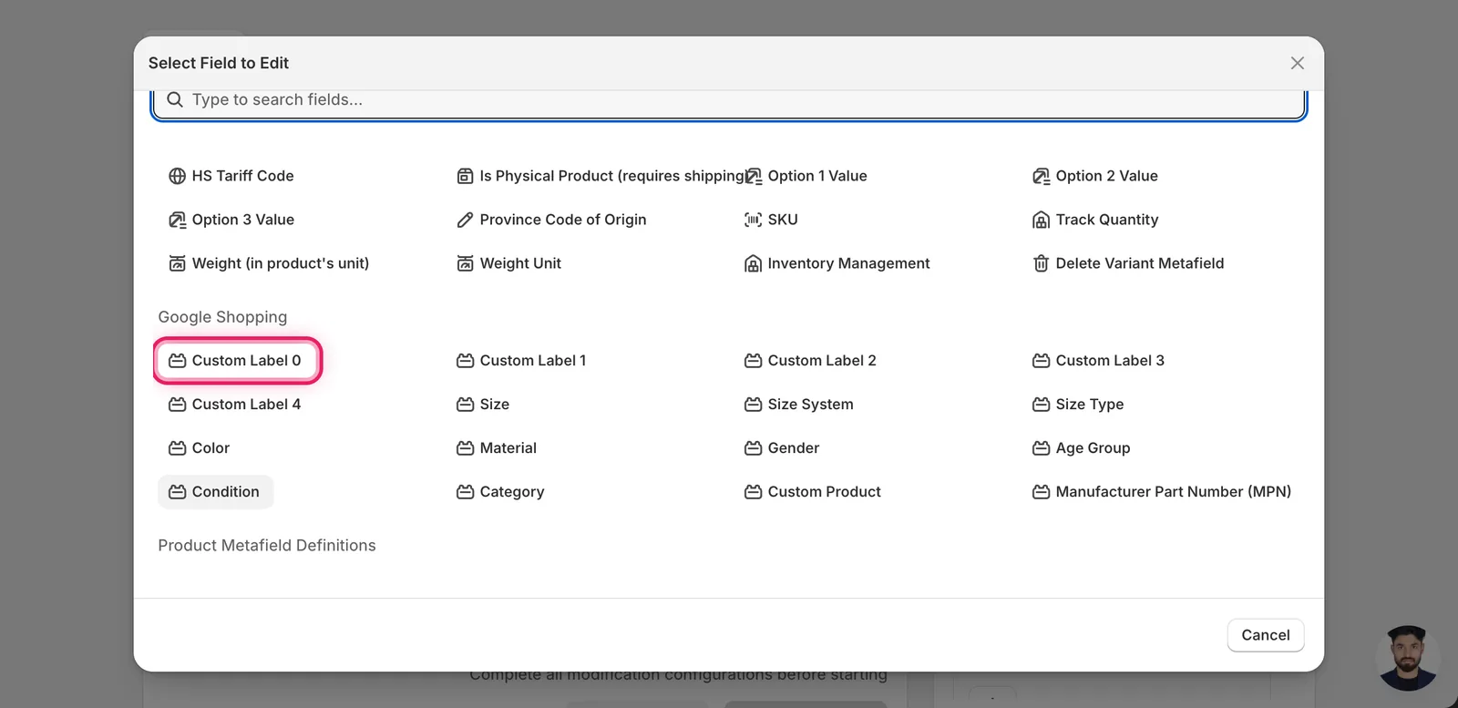 Select Field modal with Custom Label 0 marked under the Google Shopping group