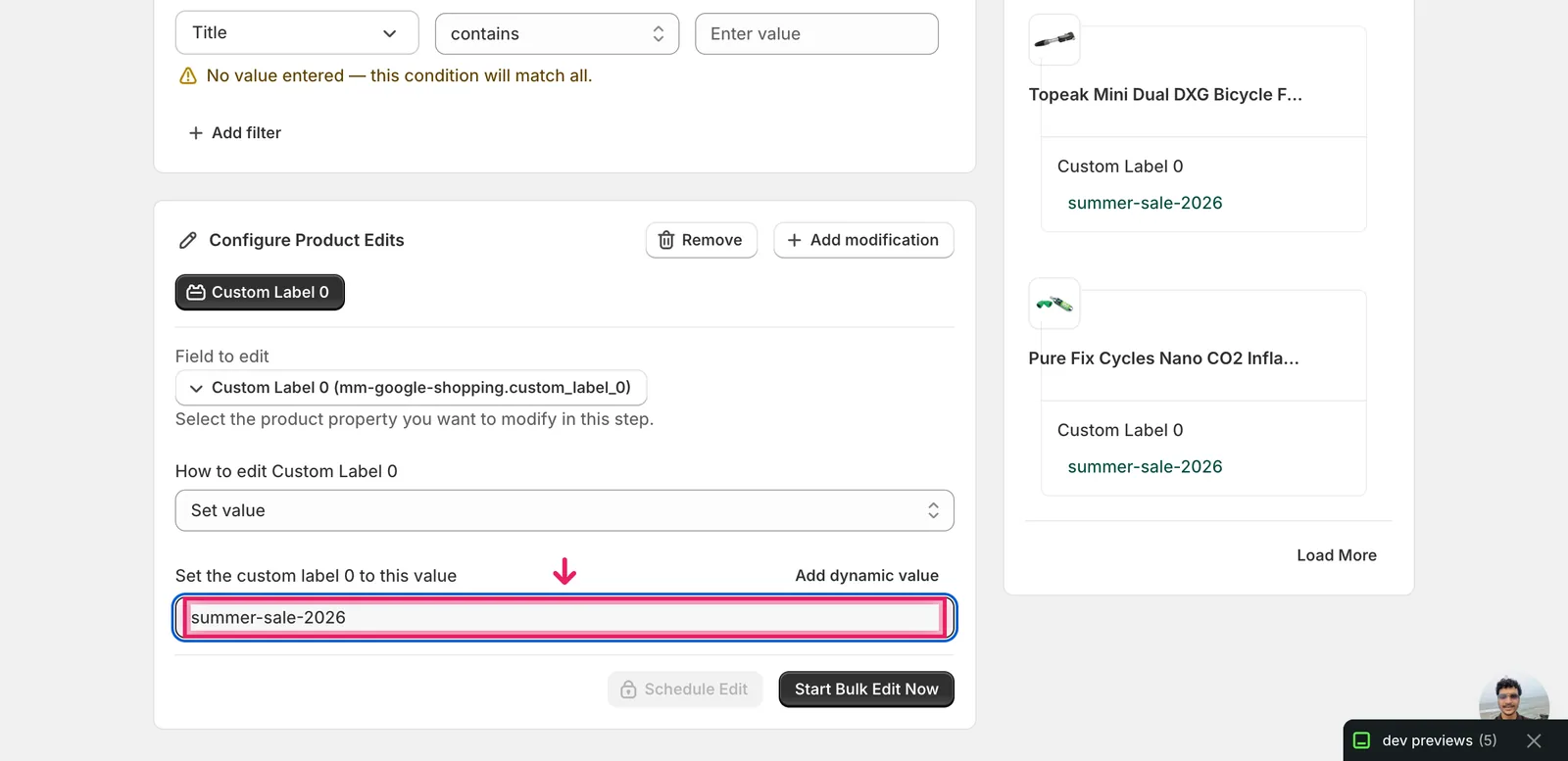 Set value mode with "summer-sale-2026" entered; preview on the right shows Custom Label 0 set to summer-sale-2026 for each matched product