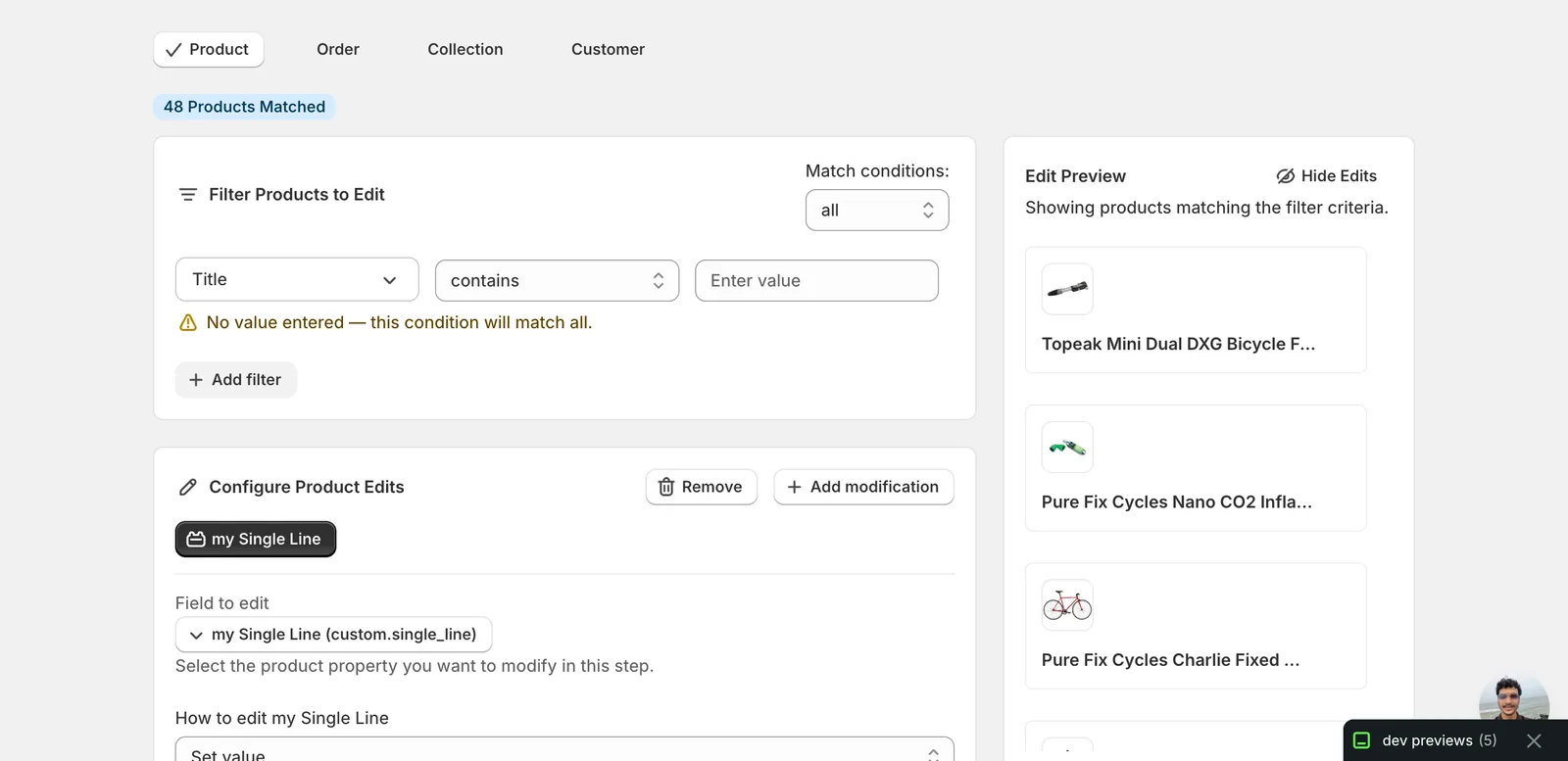 Configuration panel after picking my Single Line: field shows my Single Line (custom.single_line), How to edit set to Set value