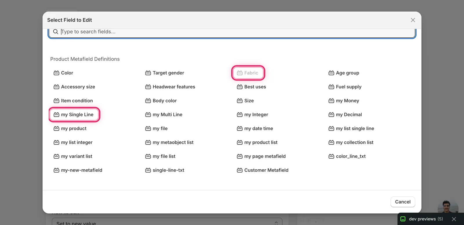 The Select Field modal with my Single Line marked under Product Metafield Definitions