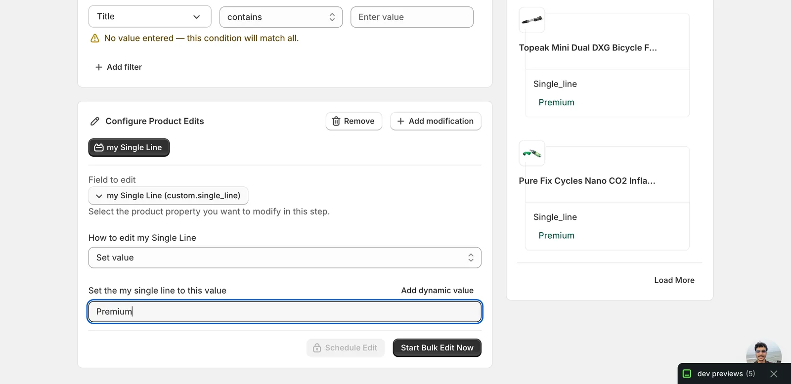 Set value with Premium entered; the Edit Preview on the right shows Single_line → Premium for every matched product