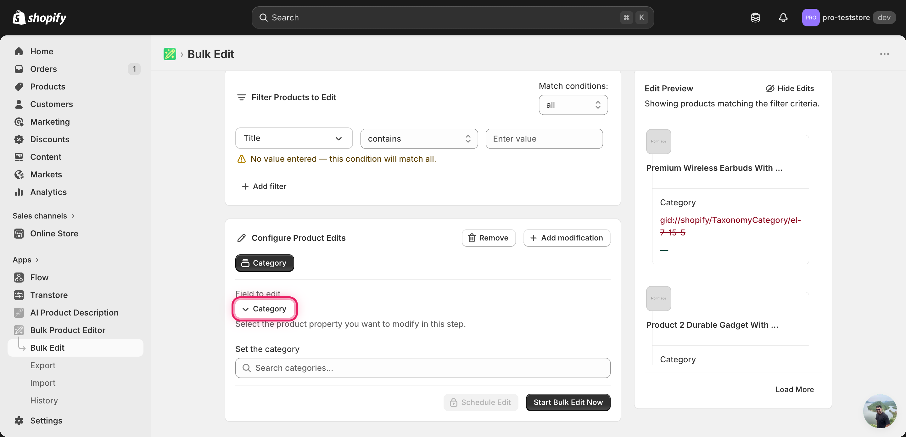 Configuration panel after picking Category, showing an empty Search categories input below the Category field selector