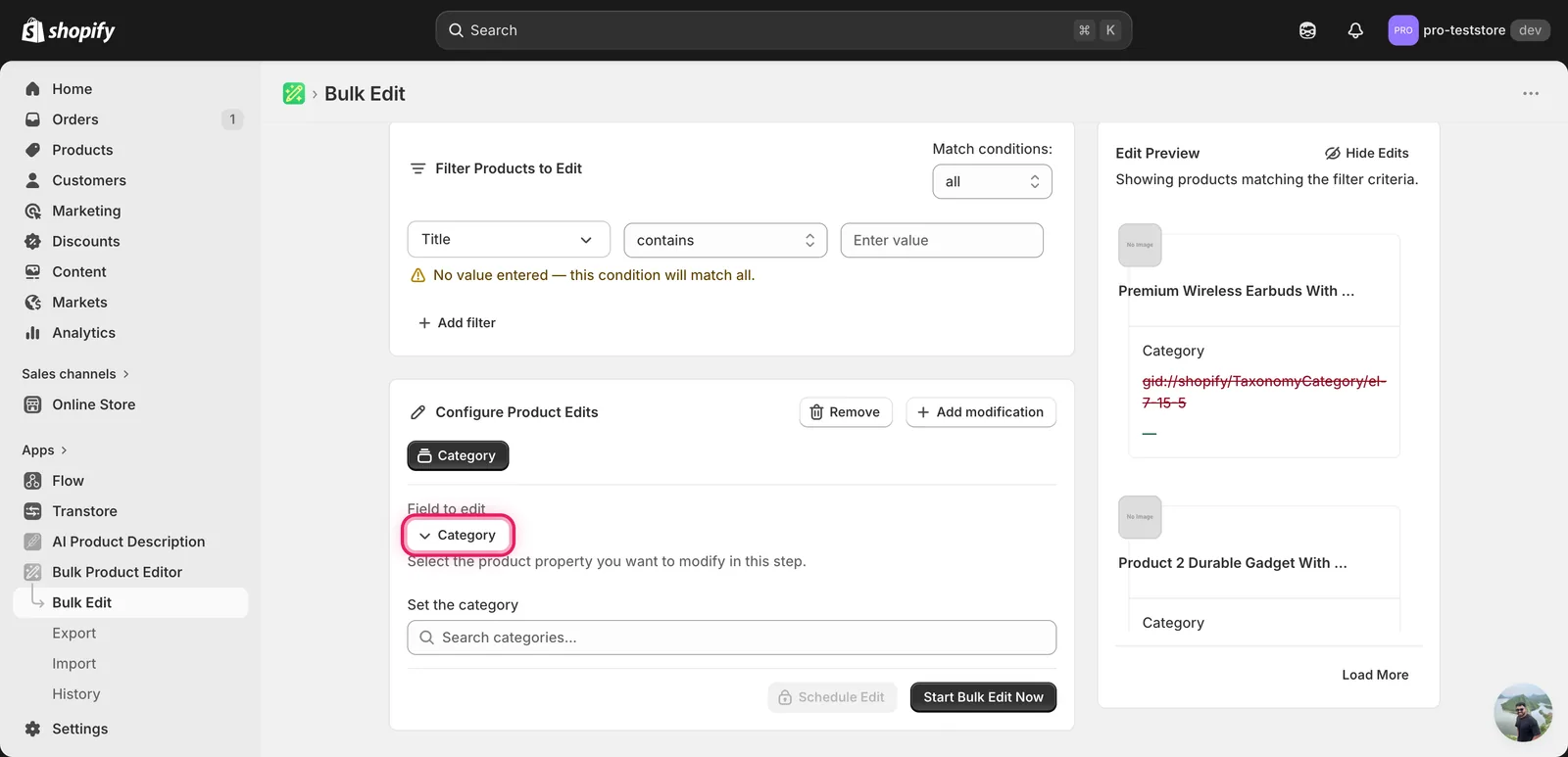 Configuration panel after picking Category, showing an empty Search categories input below the Category field selector