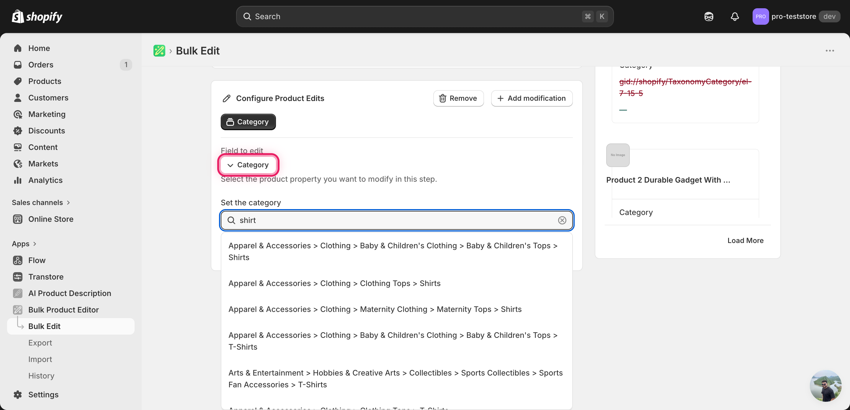 Search categories input with "shirt" typed and a dropdown of matching Shopify taxonomy paths: Apparel & Accessories > Clothing > Baby & Children's Tops > Shirts, Clothing Tops > Shirts, Maternity Tops > Shirts, T-Shirts variants, Sports Fan Accessories > T-Shirts, etc.