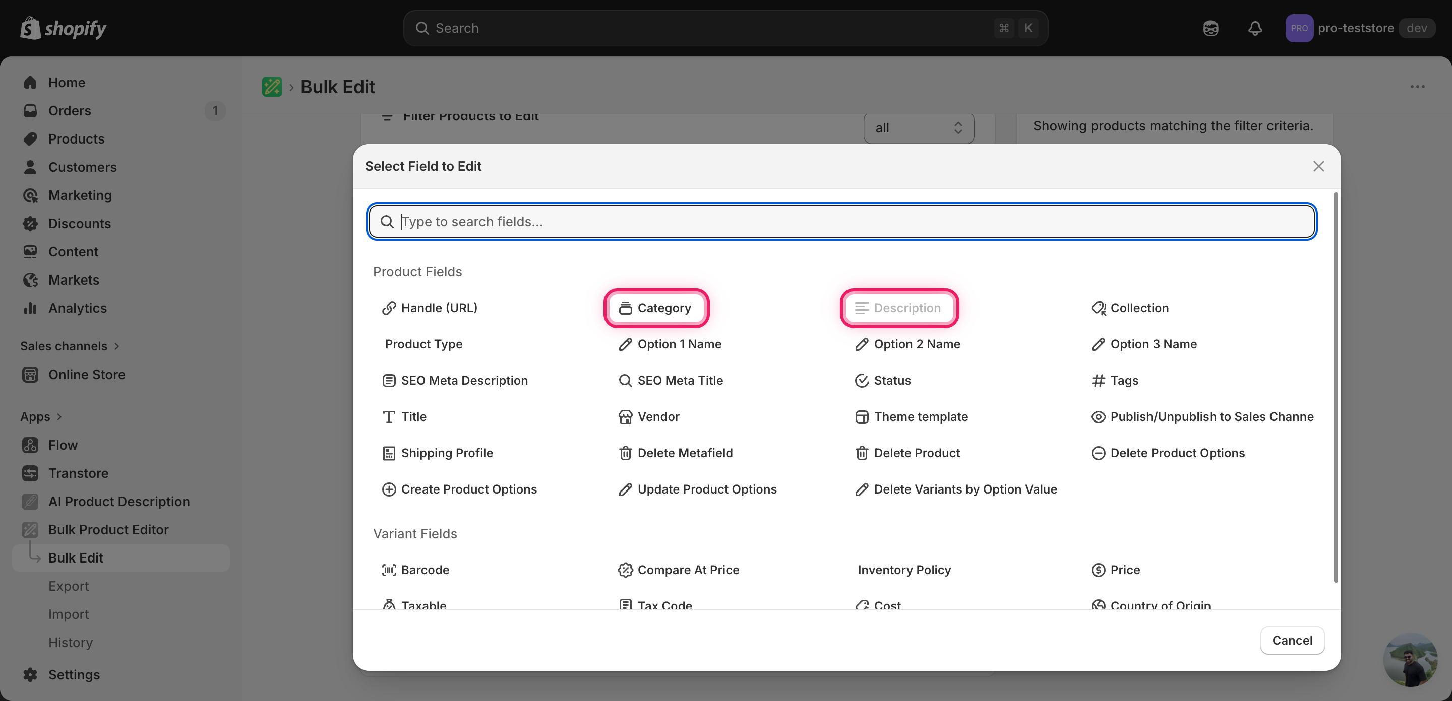 The Select Field modal with Category highlighted under Product Fields
