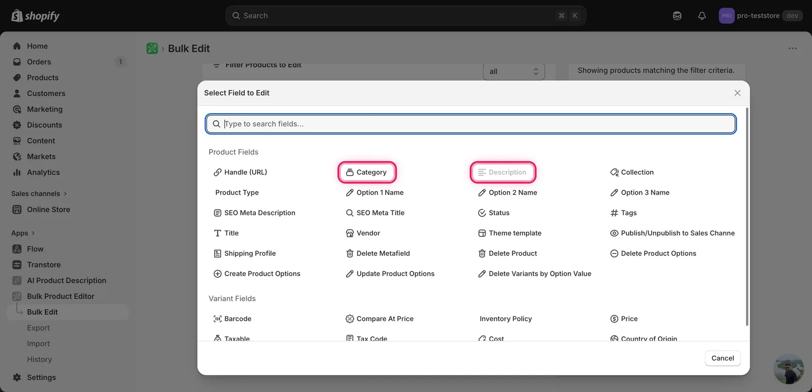 The Select Field modal with Category highlighted under Product Fields