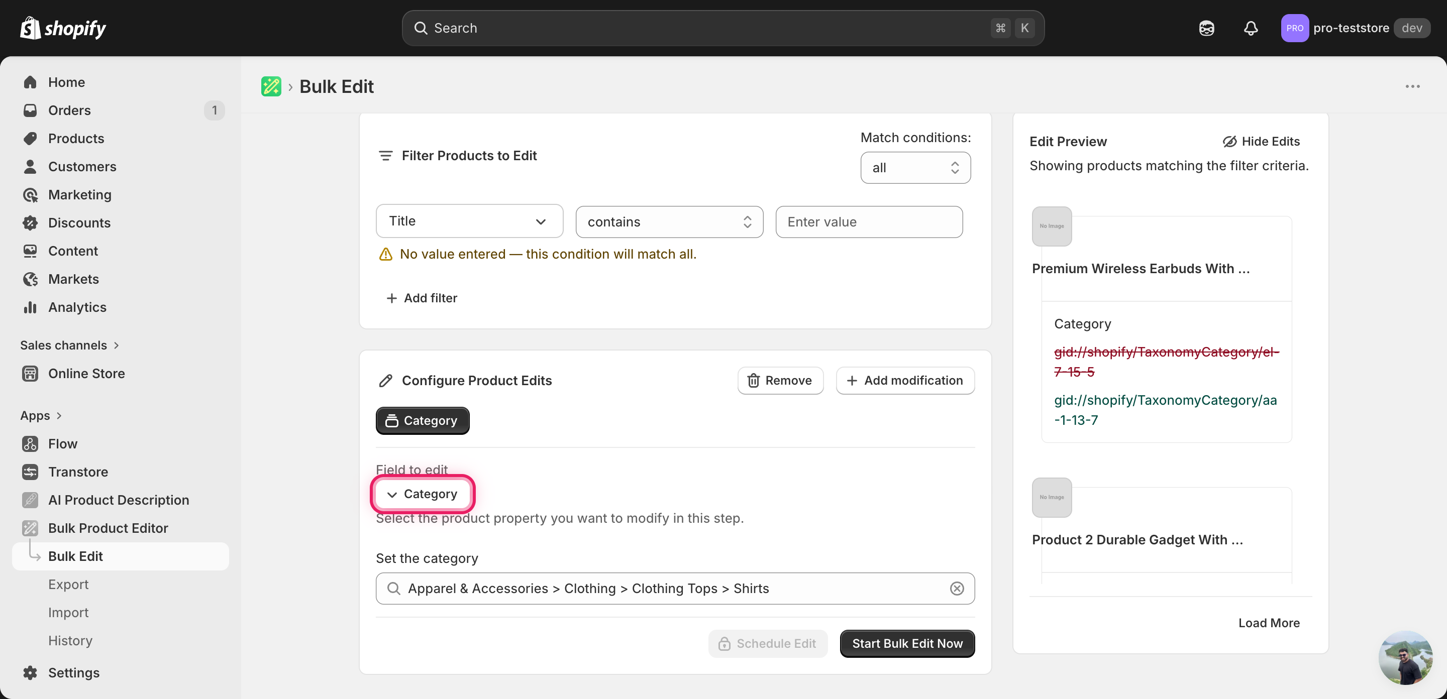 Configuration panel with "Apparel & Accessories > Clothing > Clothing Tops > Shirts" set as the category, and Edit Preview on the right showing the existing TaxonomyCategory GID struck through with the new GID below