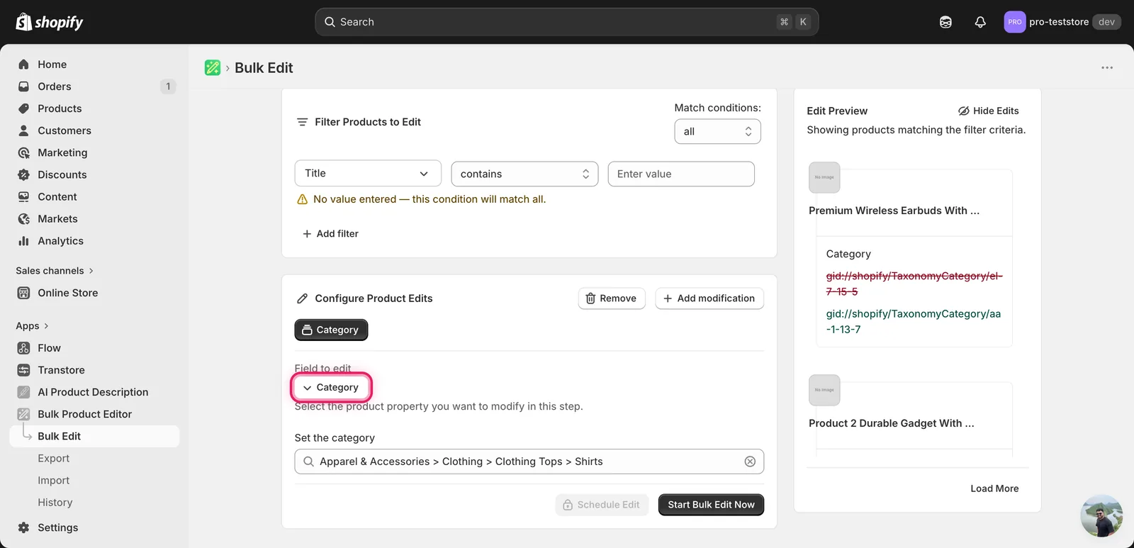 Configuration panel with "Apparel & Accessories > Clothing > Clothing Tops > Shirts" set as the category, and Edit Preview on the right showing the existing TaxonomyCategory GID struck through with the new GID below