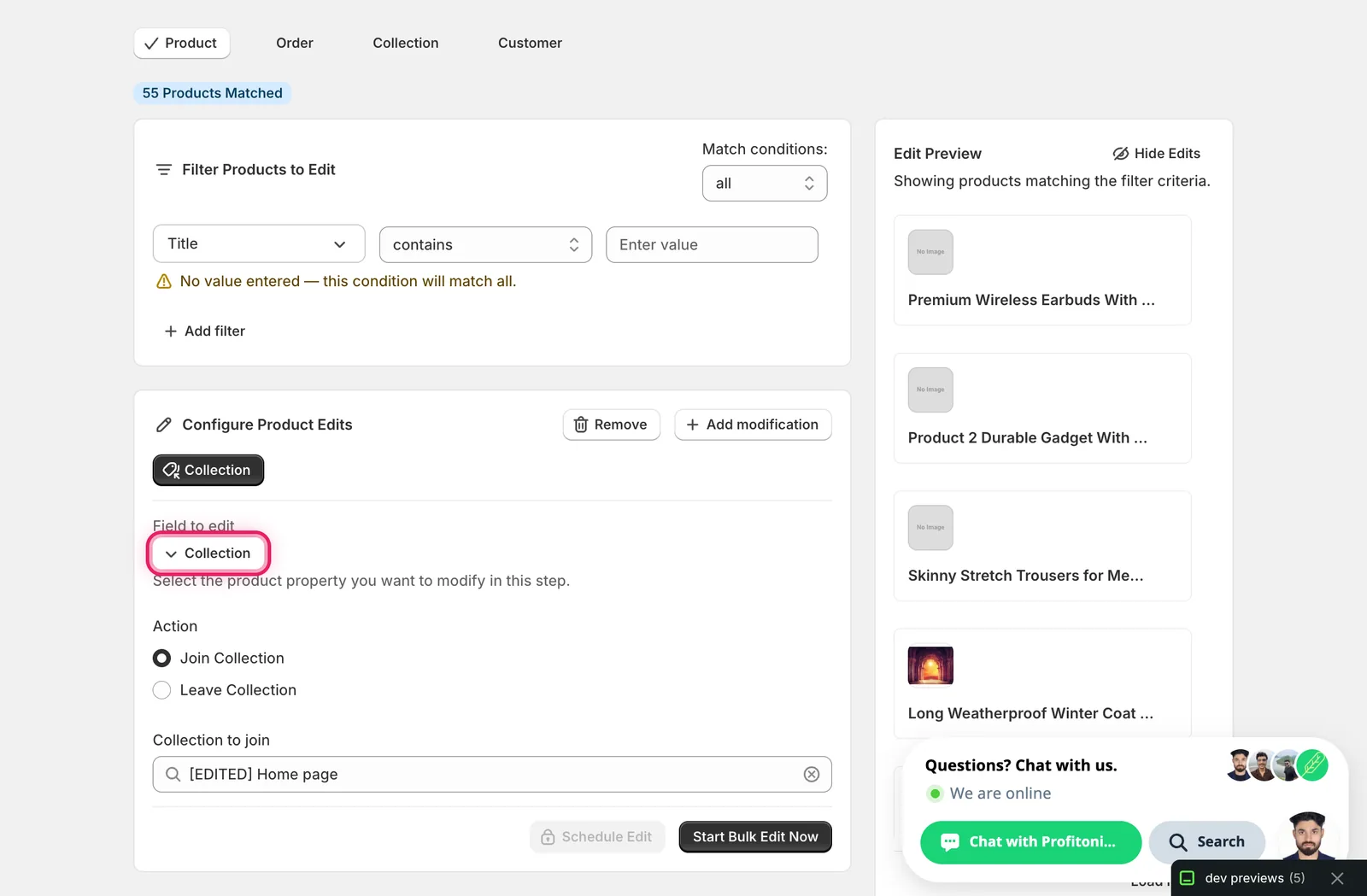 Configure Product Edits panel with [EDITED] Home page selected as the collection and Start Bulk Edit Now enabled