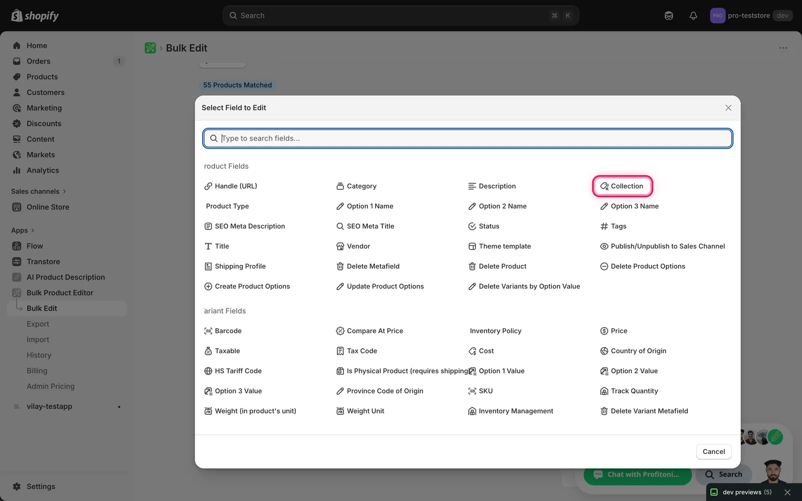 The Select Field modal with Collection marked under Product Fields