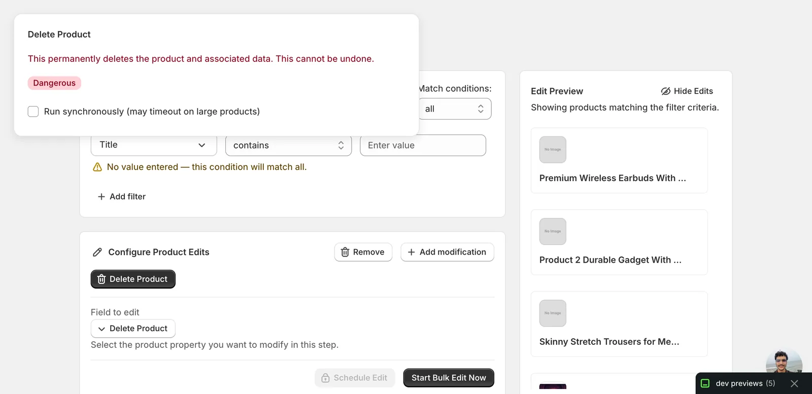 Delete Product form: critical message reads "This permanently deletes the product and associated data. This cannot be undone." with a Dangerous badge and a Run synchronously checkbox