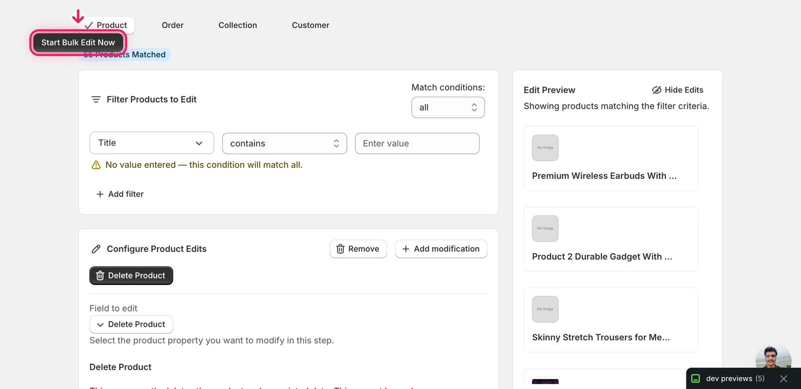 The Start Bulk Edit Now button highlighted with a pointer; behind it the Configure Product Edits panel shows Delete Product as the active field