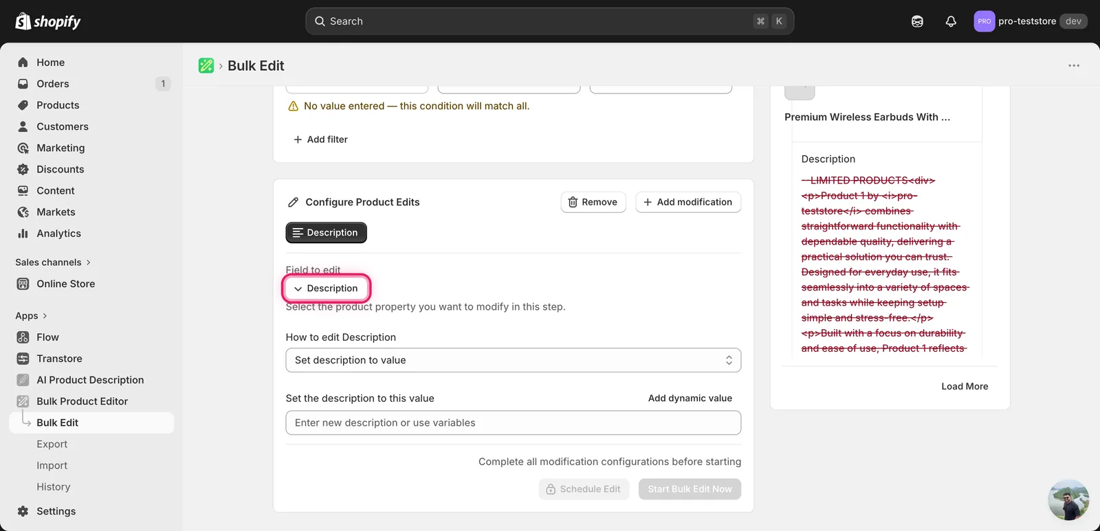 Configuration panel after picking Description: How to edit Description set to Set description to value, with an empty input below