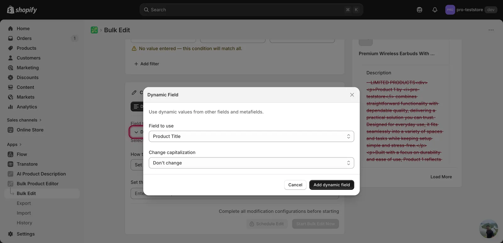The Dynamic Field modal with Field to use set to Product Title and Change capitalization set to Don't change
