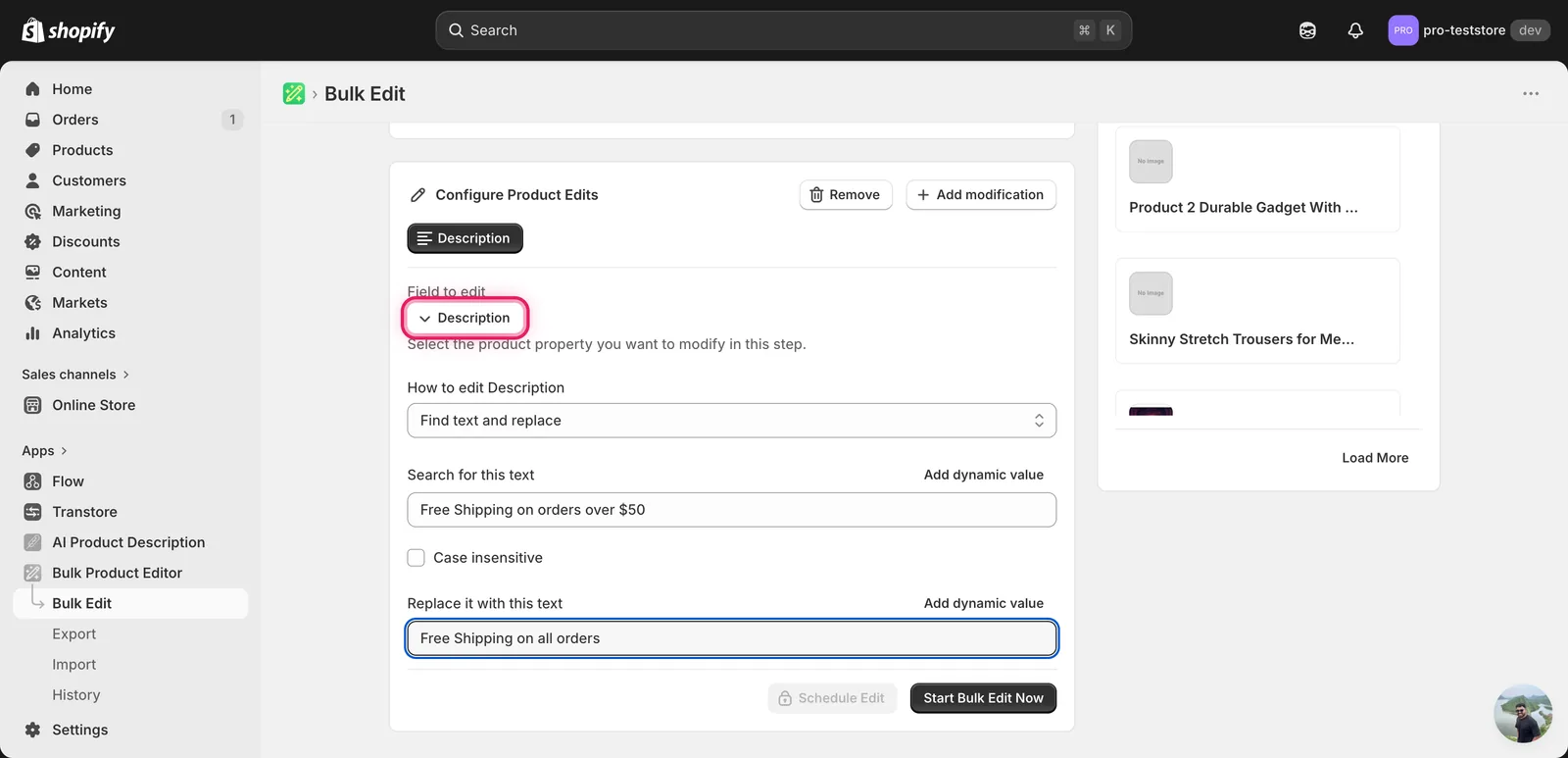 Find text and replace mode with "Free Shipping on orders over $50" in the search field and "Free Shipping on all orders" in the replace field