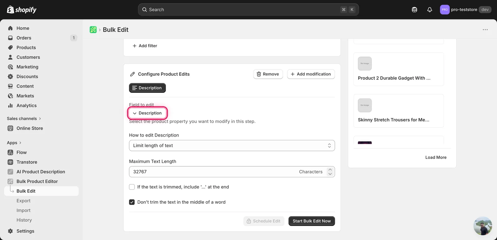 Limit length mode showing Maximum Text Length 32767 with the ellipsis checkbox unchecked and "Don't trim in mid-word" checked