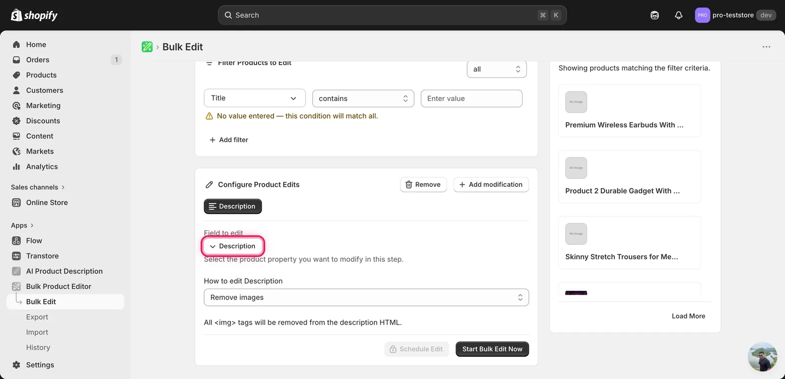 Remove images mode showing the explanatory note: "All <img> tags will be removed from the description HTML"
