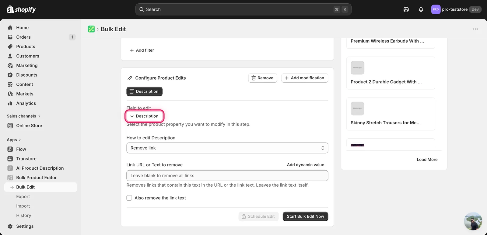 Remove link mode with the URL/text input empty (placeholder "Leave blank to remove all links") and the "Also remove the link text" checkbox unchecked