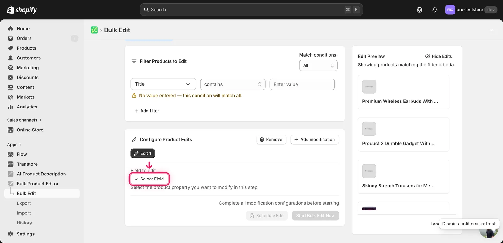 The Select Field button on the Bulk Edit page with a pointer marking it