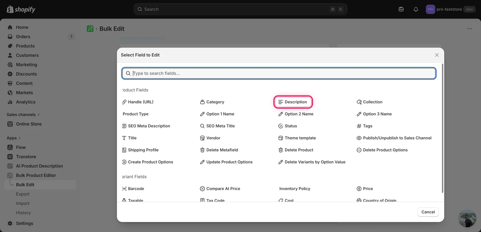 The Select Field modal with Description outlined under Product Fields