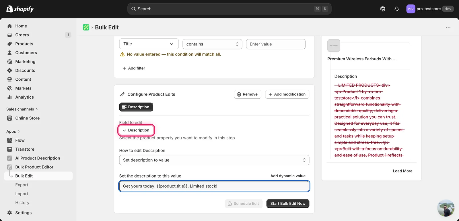 Set description to value with "Get yours today: {{product.title}}. Limited stock!" entered in the input