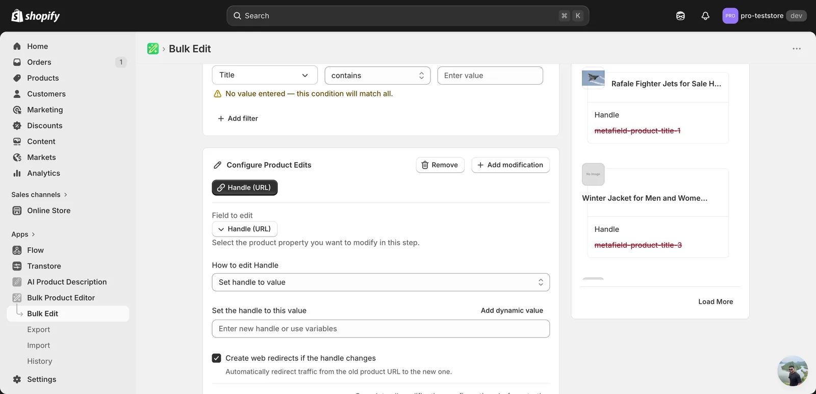 Configuration panel after selecting Handle (URL): How to edit Handle is set to Set handle to value, with an empty input and the redirect checkbox checked
