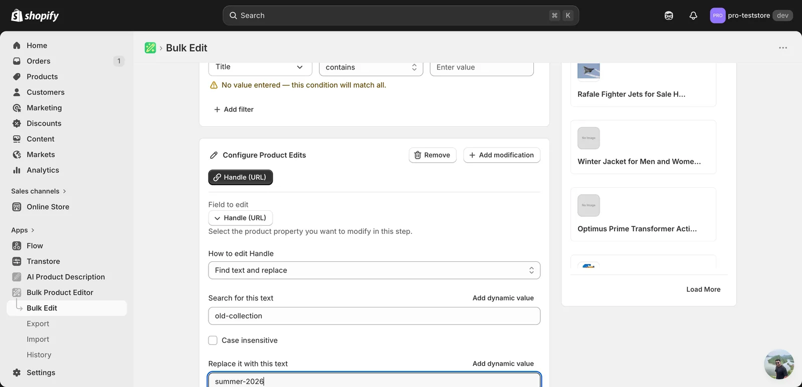 Find text and replace mode with "old-collection" in the search field and "summer-2026" in the replace field; Case insensitive is unchecked