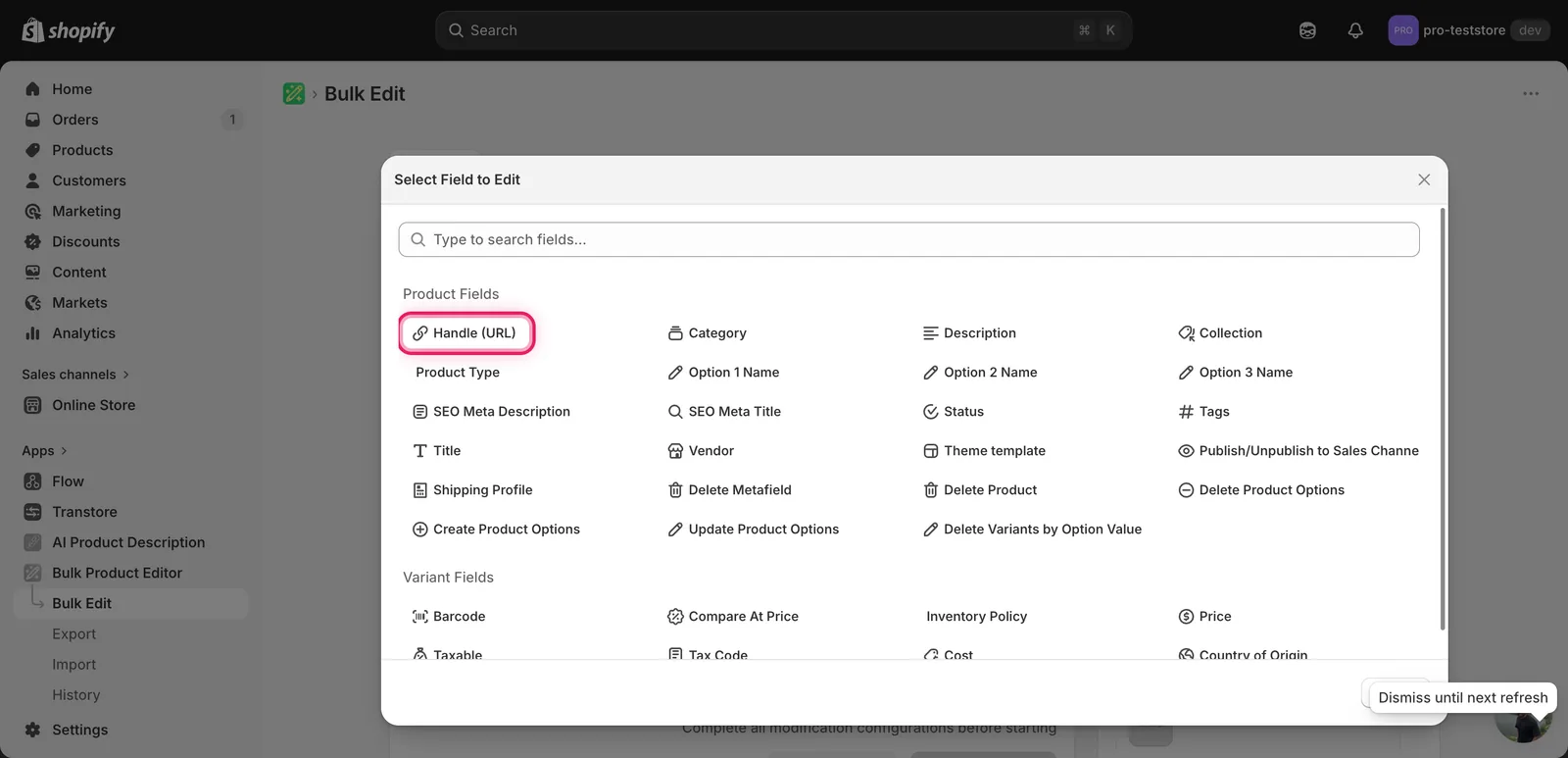 The Select Field modal with Handle (URL) marked under Product Fields
