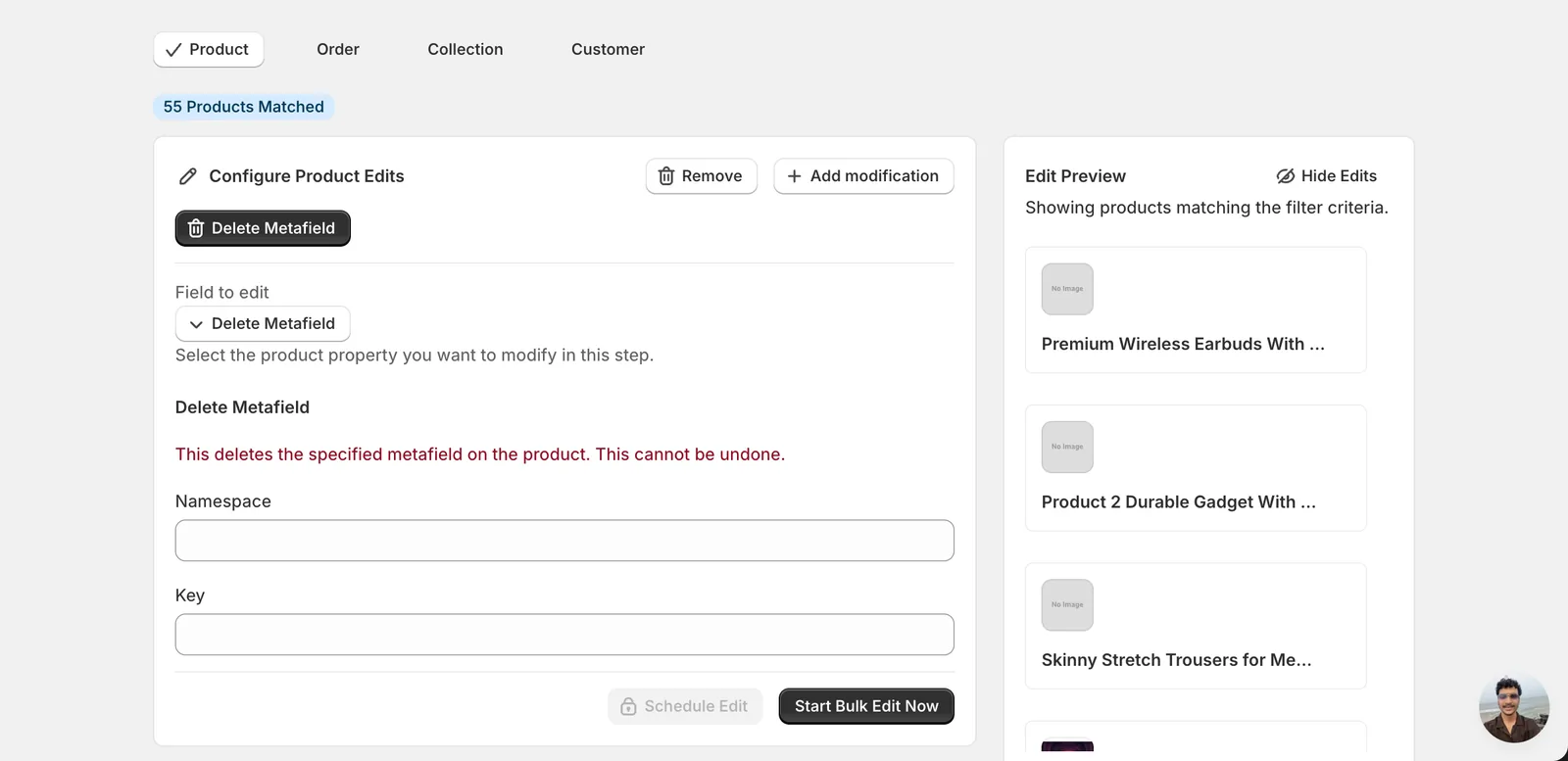The empty Delete Metafield form with the destructive warning, Namespace input, and Key input