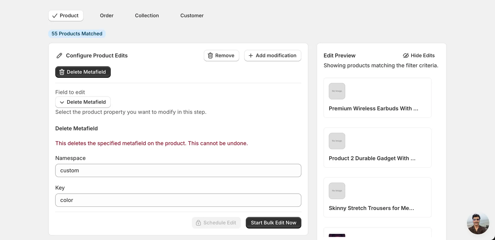 The Delete Metafield form filled in with custom in Namespace and color in Key