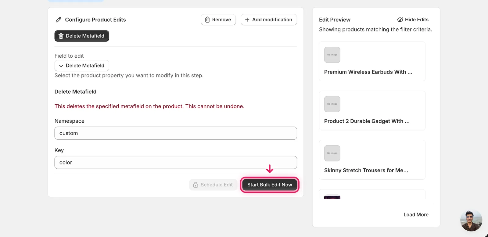 The Delete Metafield form with Start Bulk Edit Now marked with a pink outline