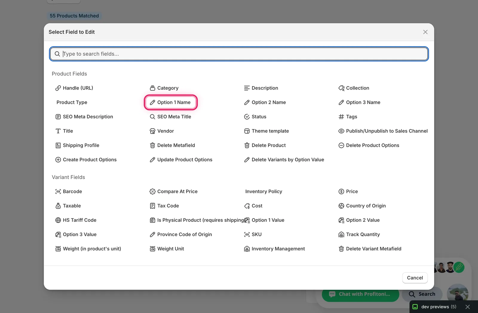 The Select Field modal with Option 1 Name marked under Product Fields