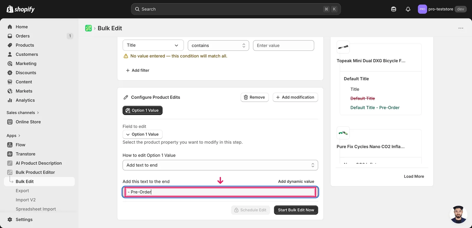Add text to end with " - Pre-Order" in the input; the Edit Preview on the right shows Default Title → Default Title - Pre-Order